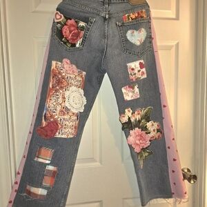 Hearts & Patches Upcycled Levis BoHo Hippy Gypsy Jeans 32 Waist 29" Inseam